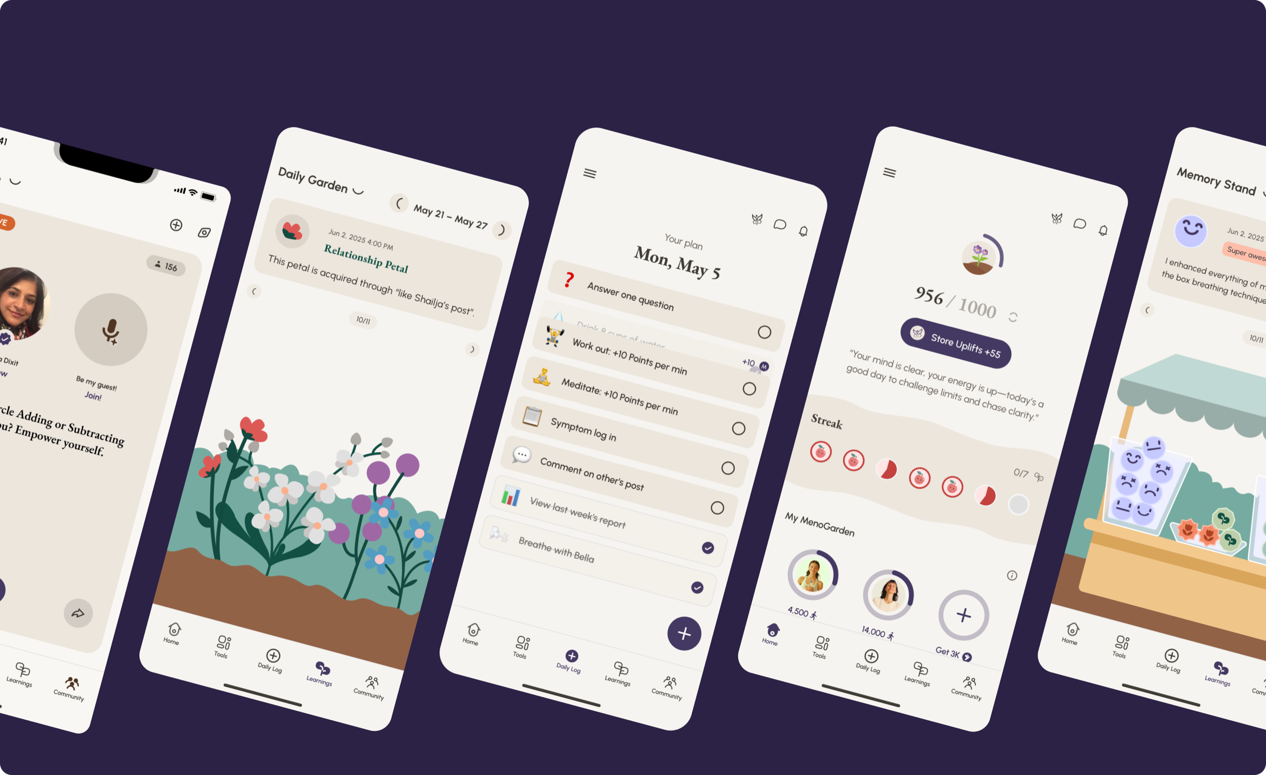 Four MenoLift phone screens with the daily garden