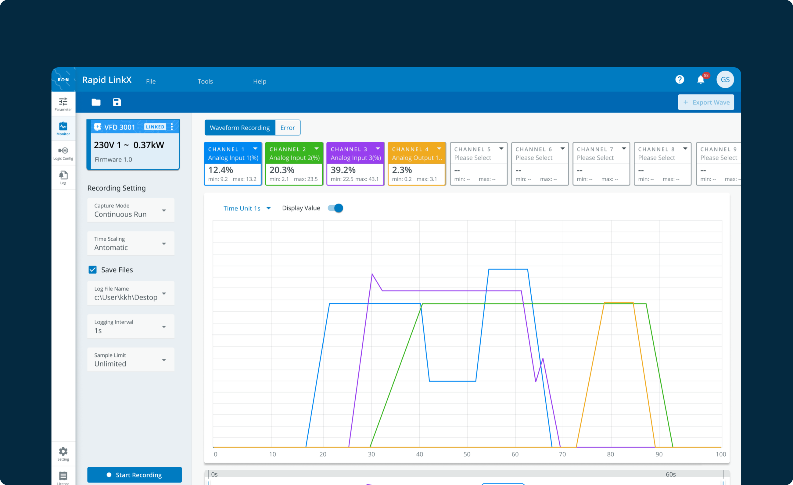 The RapidLinkX dashboard with parameter charts