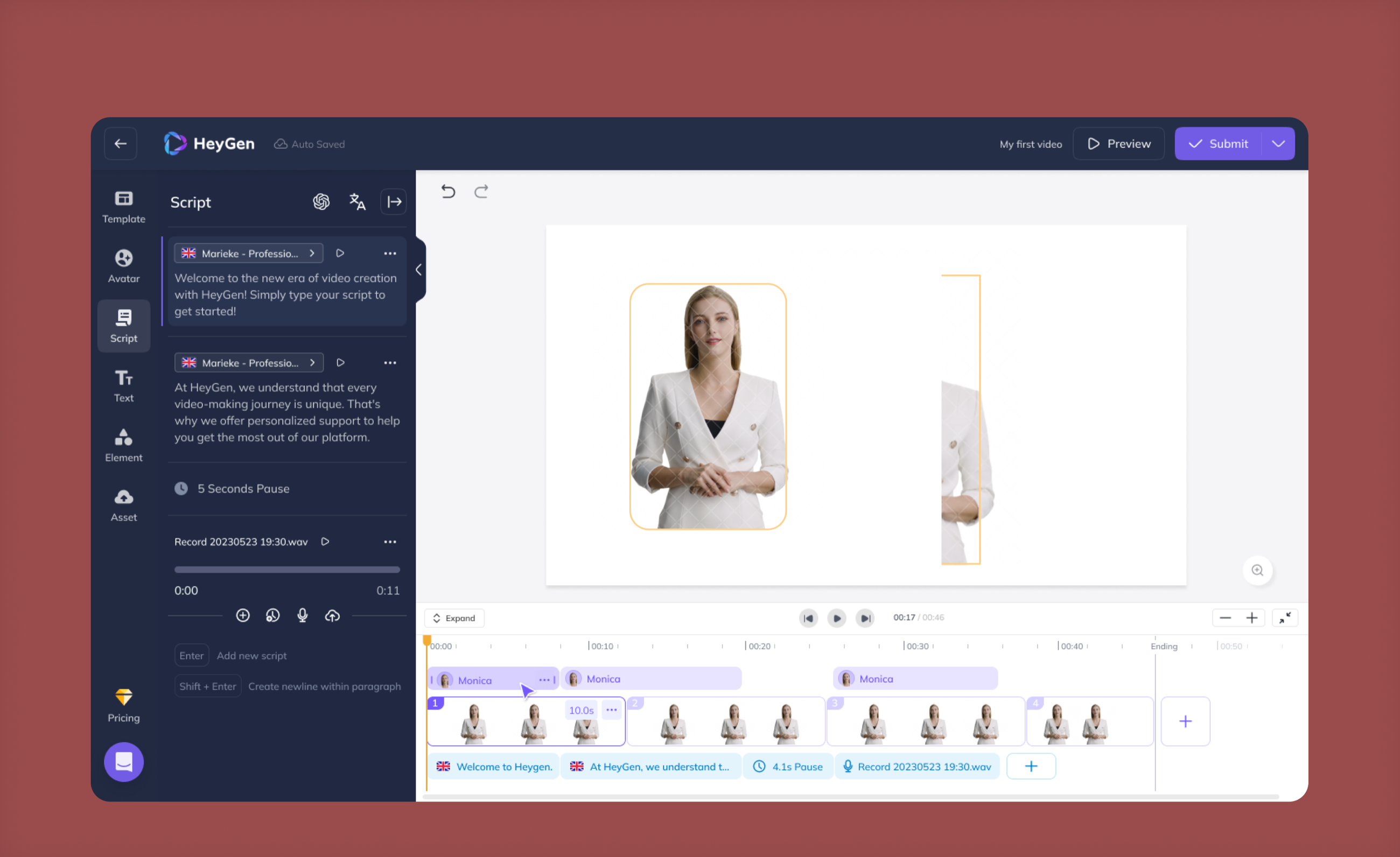 The Heygen video editor: script panel, avatar canvas and timeline