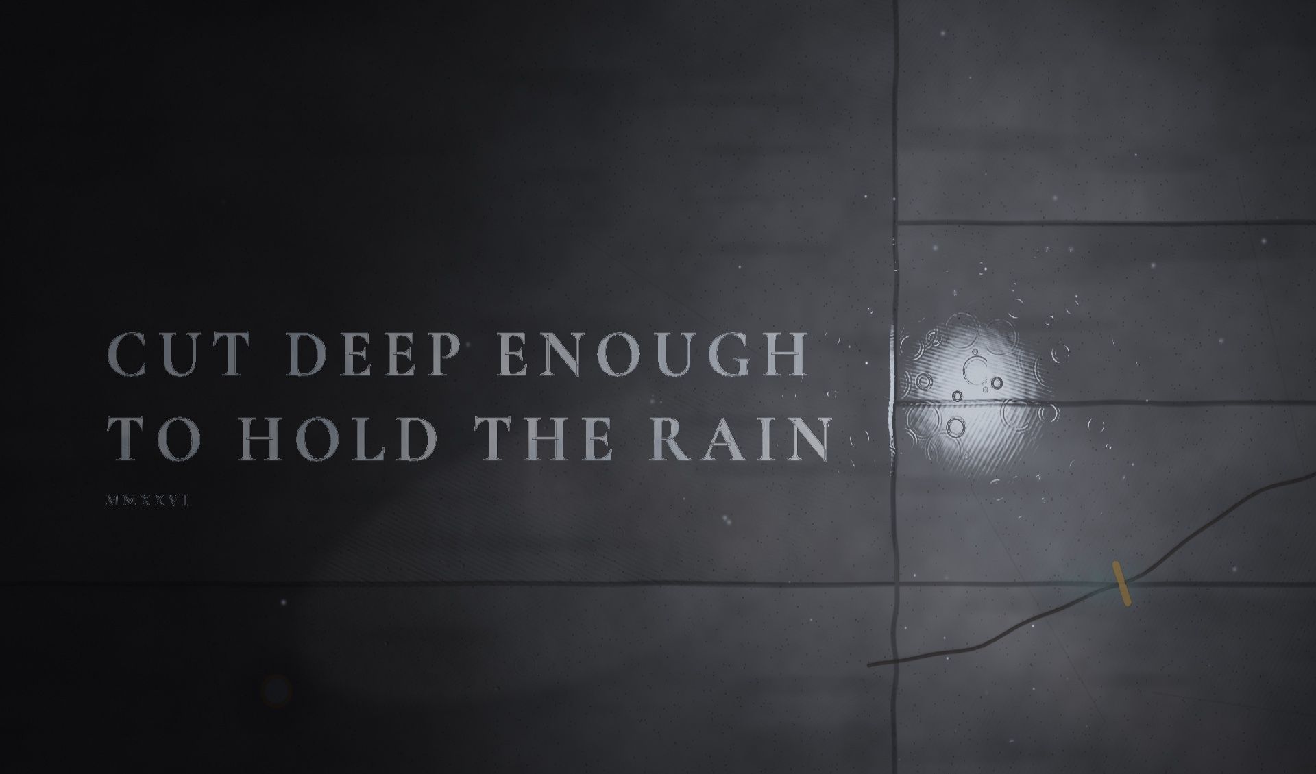 Rain on the dark stone floor: a bright splash where drops land at a joint, the cut words beginning to fill with water