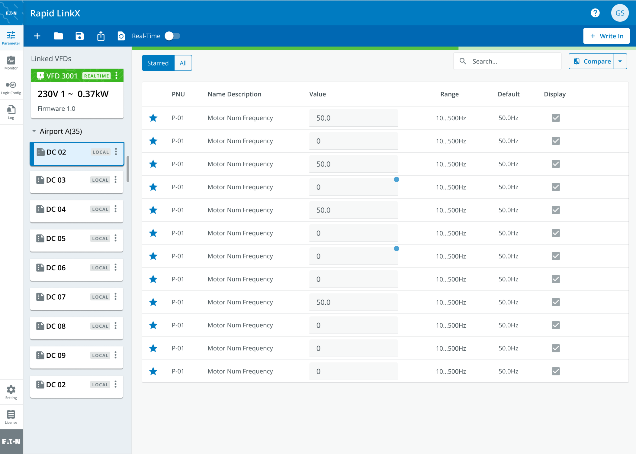 The parameter editor: a blue header reading Rapid LinkX, a toolbar with new, open, save, share and revert icons, a Real-Time switch turned off and a Write In button, a sidebar listing a linked VFD 3001 in real time and the local configurations DC 02 to DC 09 under Airport A, a Starred and All toggle over a search field and a Compare button, and a table of twelve starred parameters, each P-01 Motor Num Frequency with a value of 50.0 or 0, a range of 10 to 500 Hz, a default of 50.0 Hz and a ticked display box