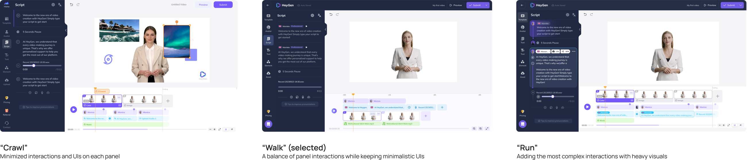 Three editor mock-ups side by side: Crawl, minimized interactions and UIs on each panel; Walk, selected, a balance of panel interactions while keeping minimalistic UIs; Run, adding the most complex interactions with heavy visuals