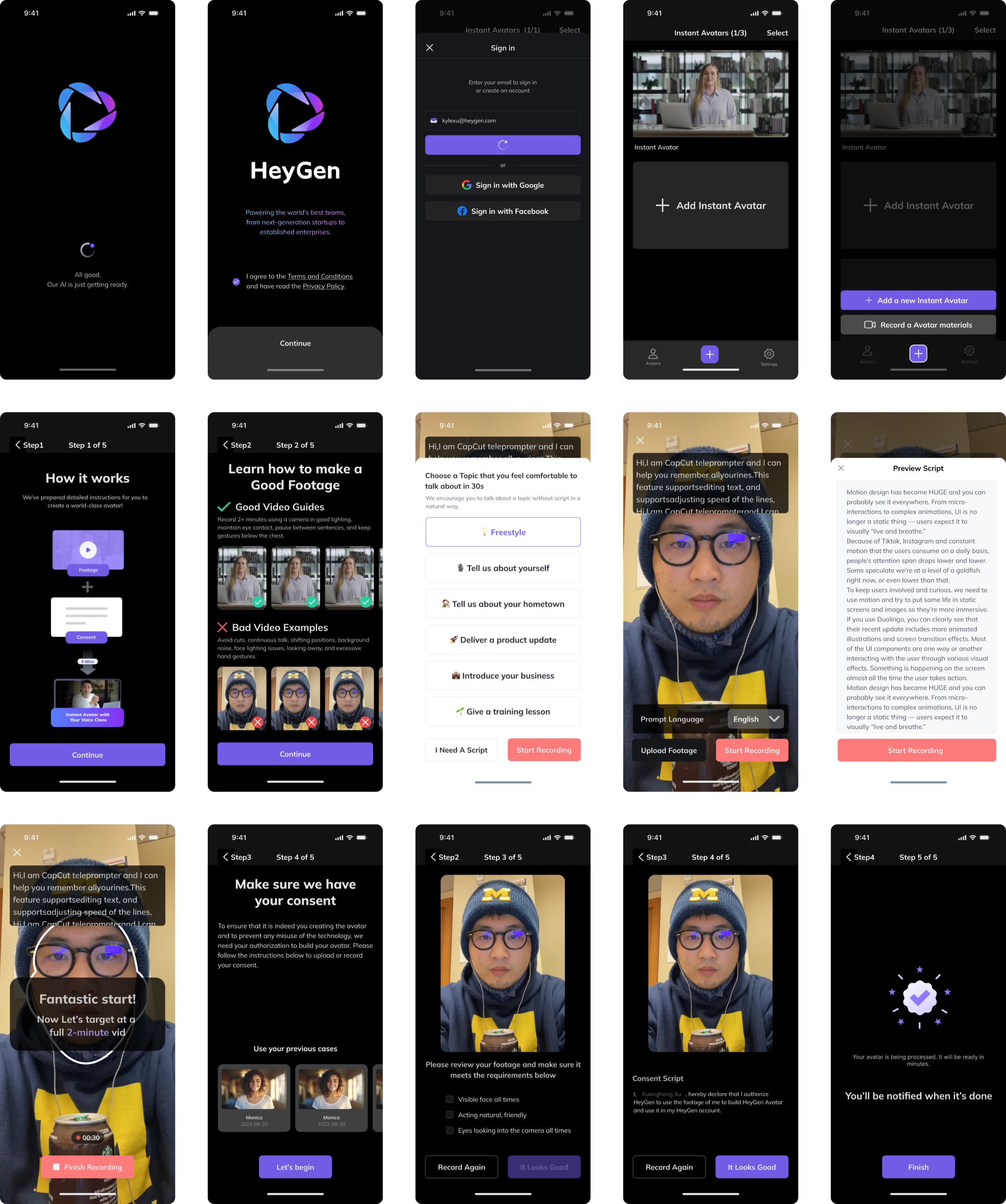 Three rows of five iPhone screens: loading and welcome, sign-in, the instant avatars list empty and with its add menu; step 1, how it works, step 2, good and bad footage examples, the topic sheet, the teleprompter camera view, and a preview of the script; the recording with a Fantastic start message, step 3, consent with previous cases, the footage review checklist, the consent script, and step 5, your avatar is being processed
