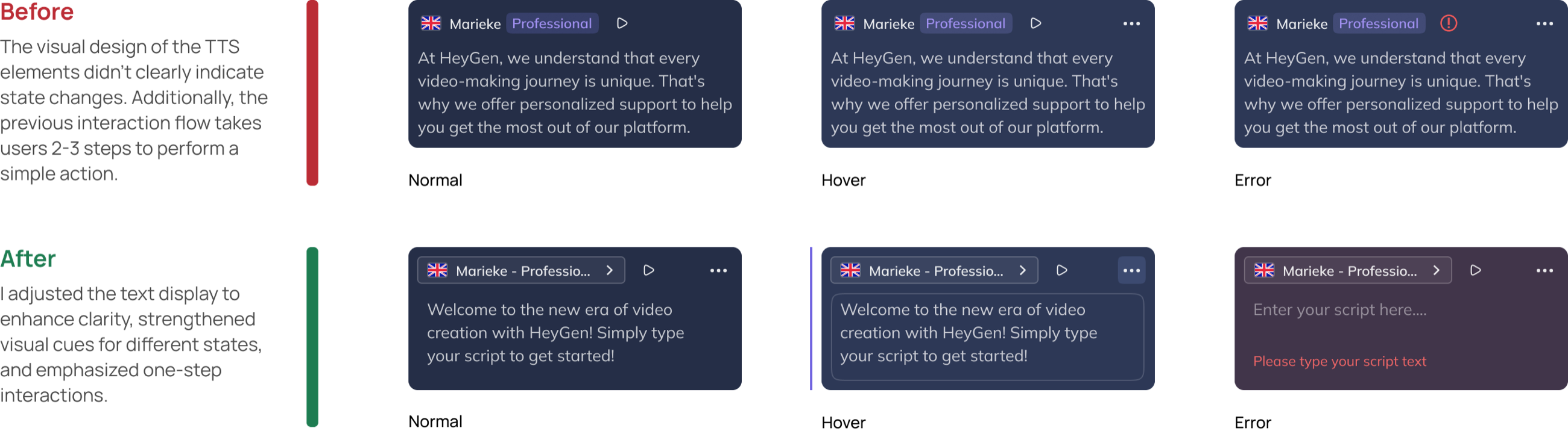 Before: three script cards, normal, hover and error, nearly identical, the error marked only by a small icon. After: the normal card, the hover card with a bar at its edge and its text field outlined, and the error card tinted with a message reading Please type your script text