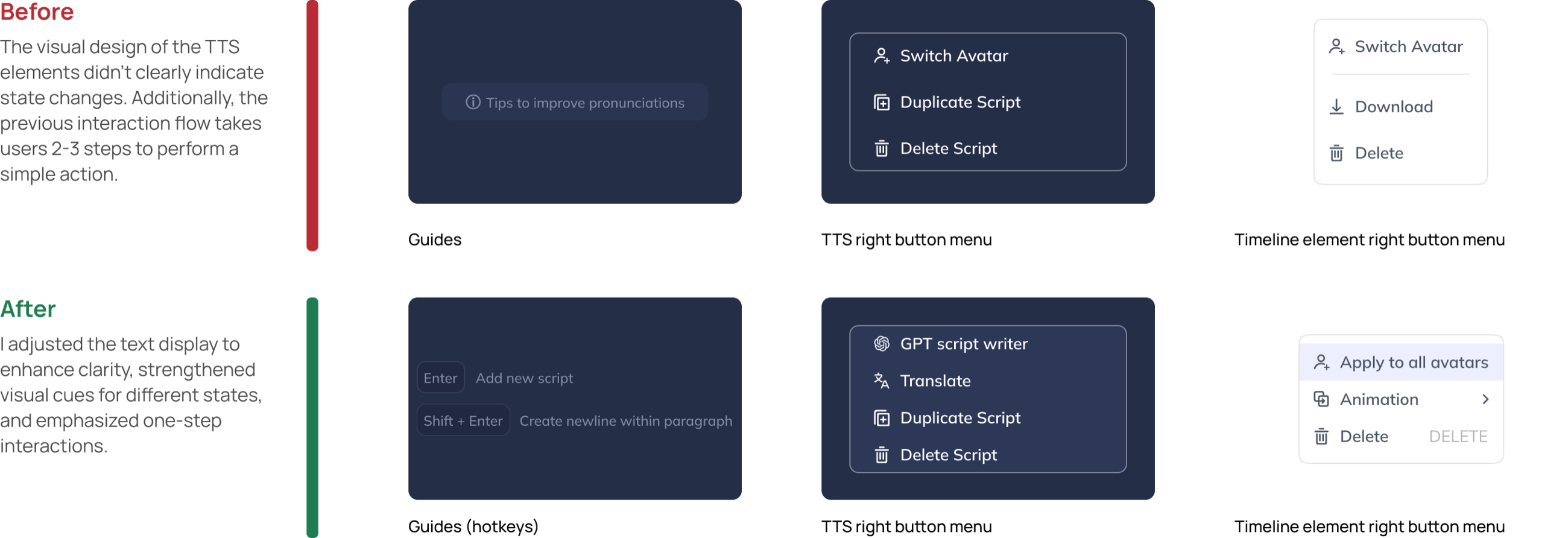 Before: a guide reading Tips to improve pronunciations, a script menu of switch avatar, duplicate script and delete script, and a timeline element menu of switch avatar, download and delete. After: hotkey guides, Enter to add a new script and Shift+Enter for a new line; a script menu of GPT script writer, translate, duplicate and delete; a timeline element menu of apply to all avatars, animation and delete