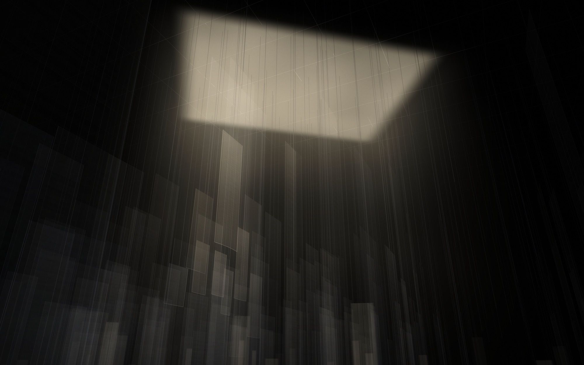 Looking up at a bright rectangular opening in a dark roof; hundreds of fine threads run up into it, and translucent sheets stand beneath