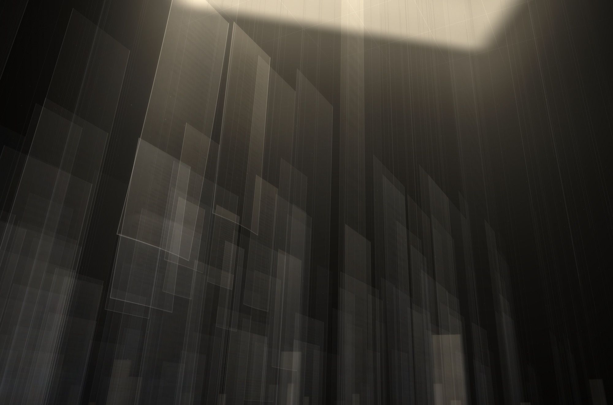 Translucent sheets lifted and tilted on their threads, rising toward the light at the top of the frame