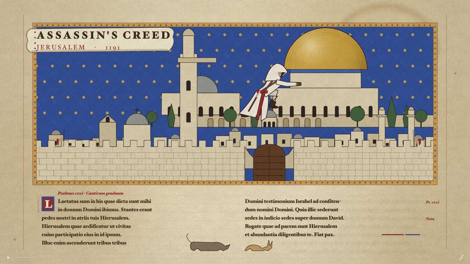 Jerusalem, 1191: the scene drawn as illuminated manuscript, with the hooded figure in it