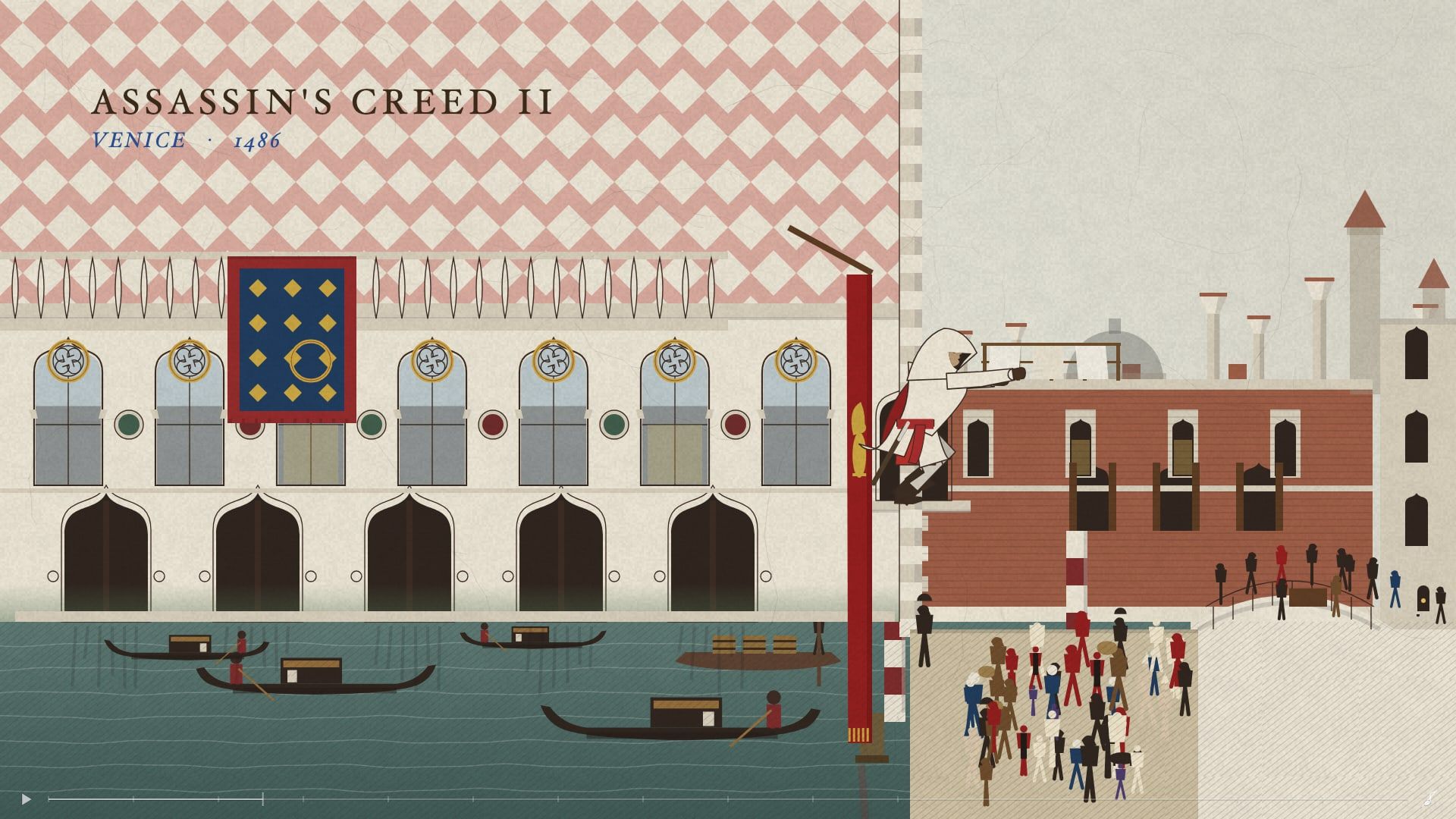 Venice, 1486: the scene drawn as tempera, with the hooded figure in it
