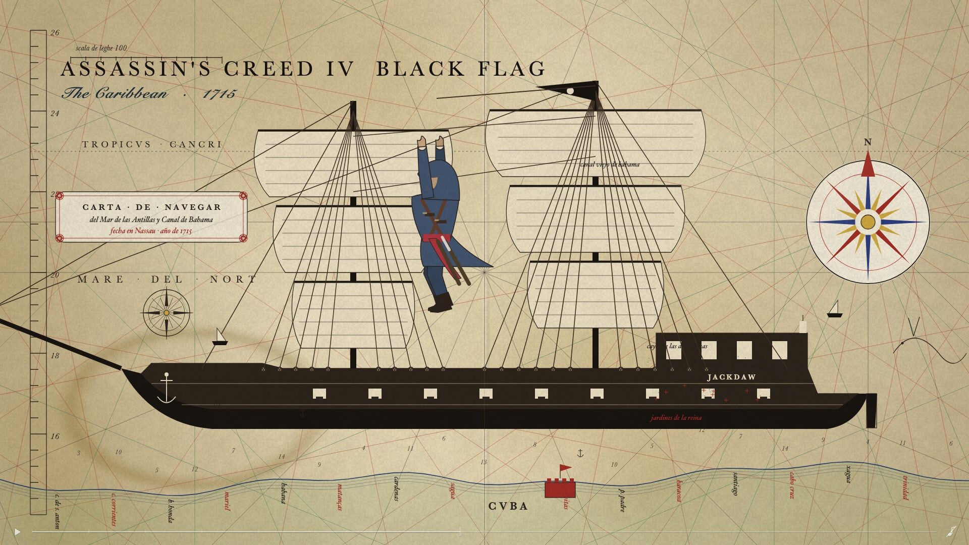 The Caribbean, 1715: the scene drawn as portolan chart, with the hooded figure in it