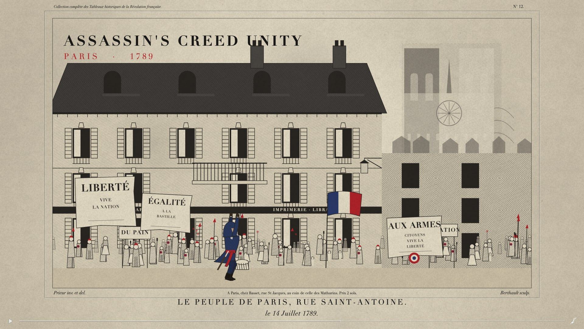 Paris, 1789: the scene drawn as etched broadsheet, with the hooded figure in it