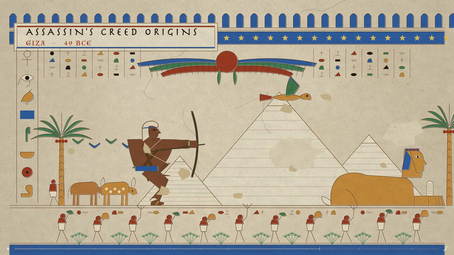 Giza, 49 BCE: the scene drawn as painted relief, with the hooded figure in it