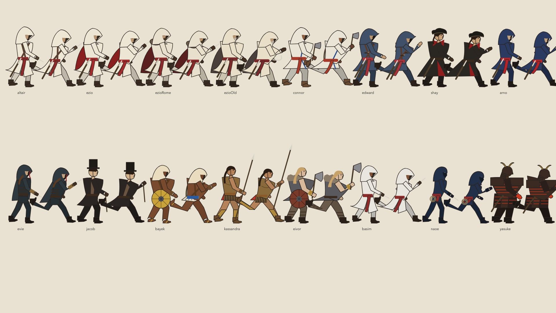 Sixteen hooded figures in two rows, each a different protagonist and costume, shown walking and running