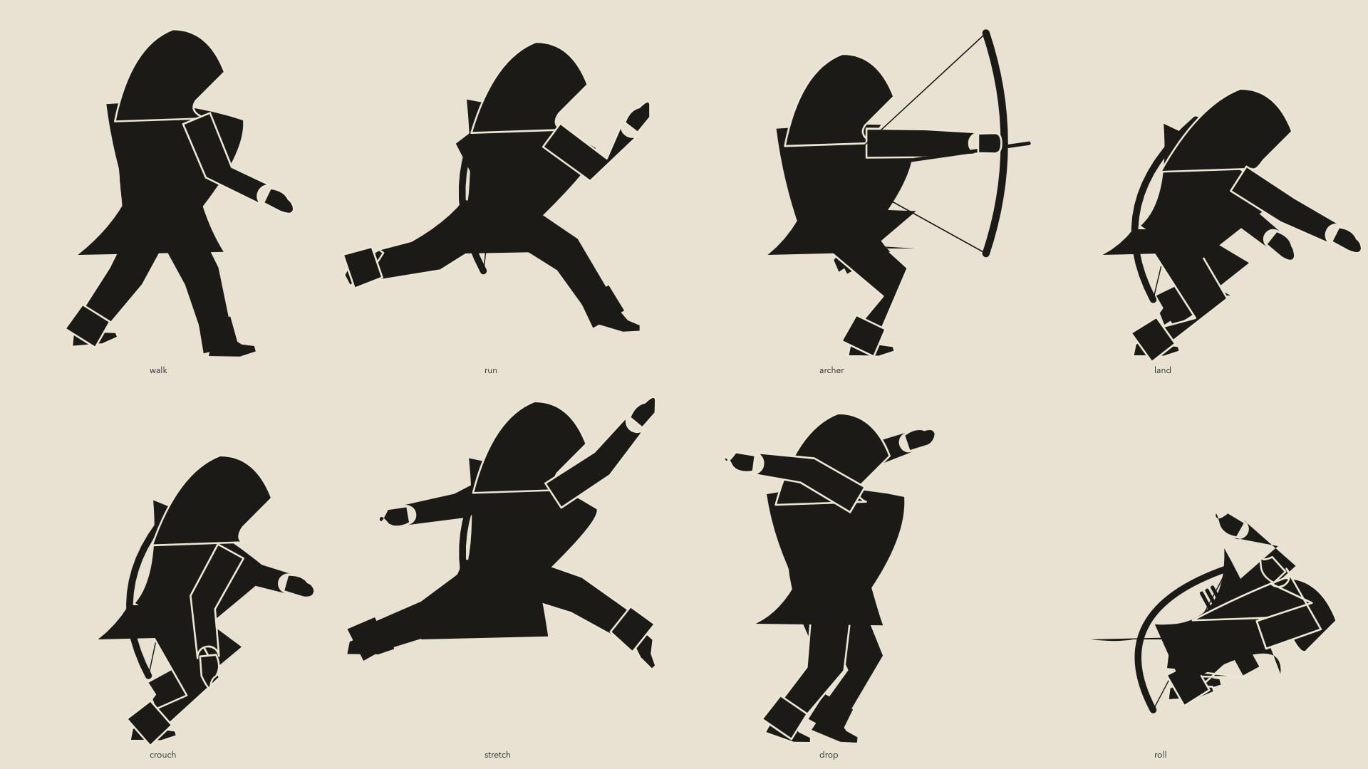 The hooded figure drawn as solid black woodcut shapes in eight poses: walk, run, draw a bow, crouch, leap, land