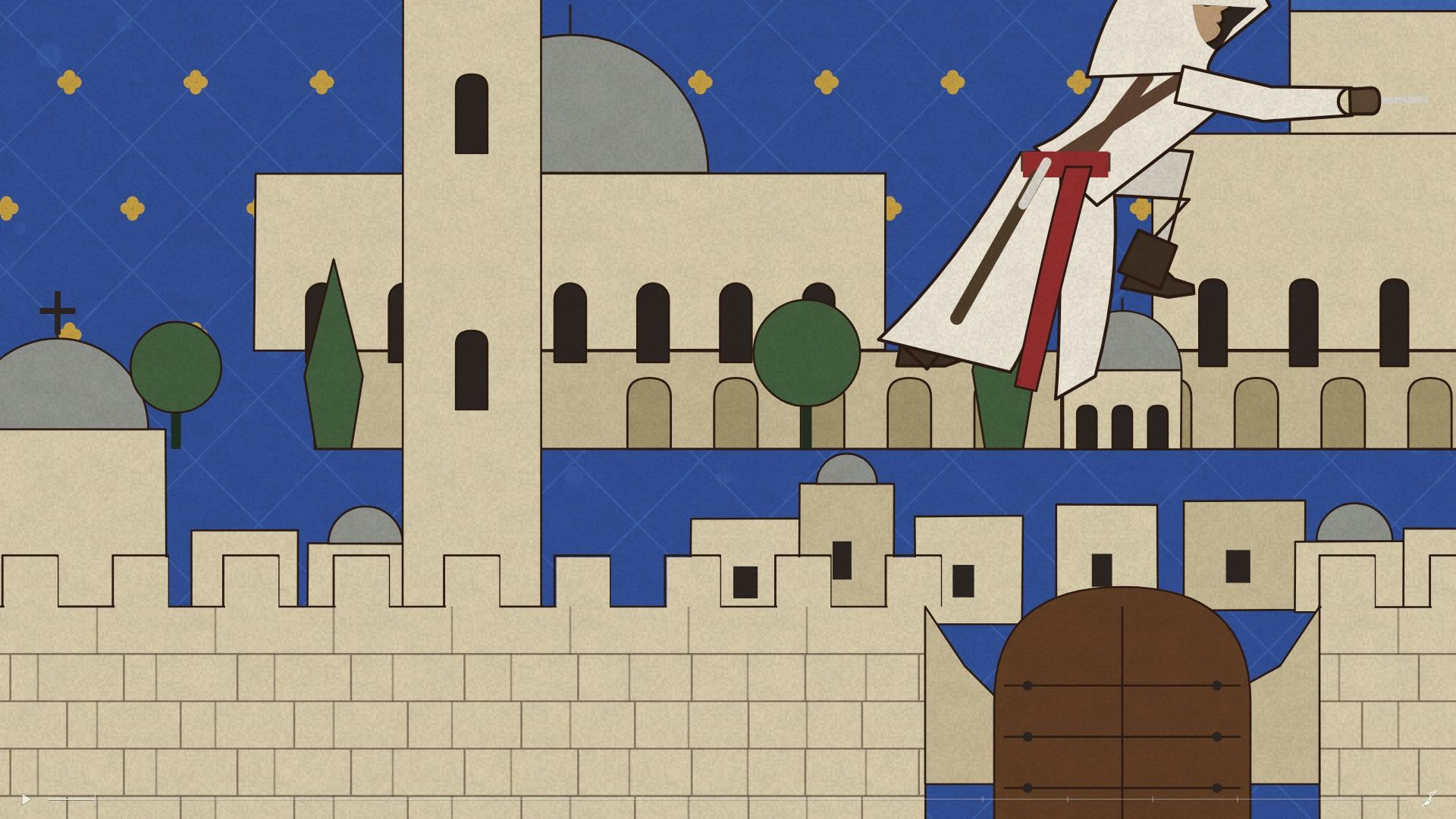 Close up: Altaïr leaping over a toy-house city behind a crenellated wall, domes and a bell gable against a starred blue ground