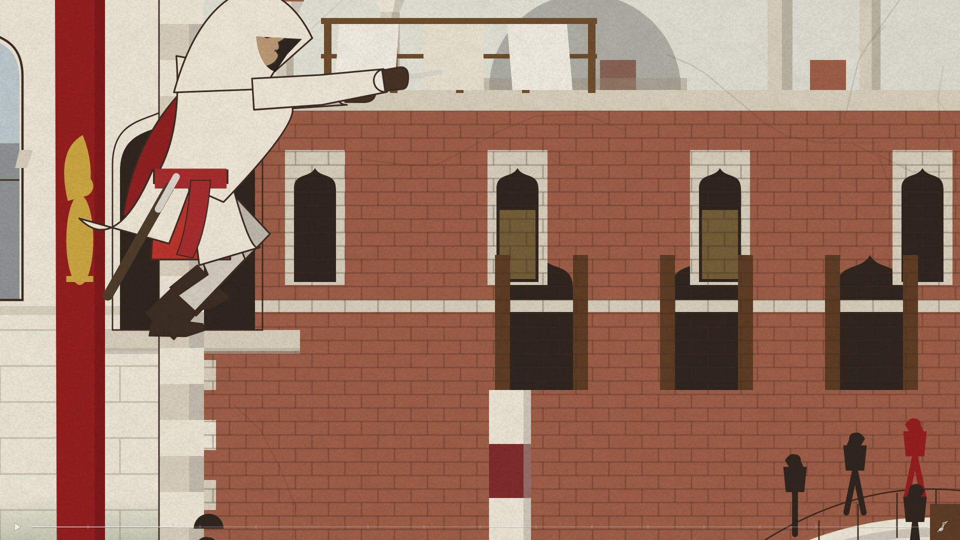 Close up: Ezio leaping from a red-and-white flagpole toward a brick palace with arched, shuttered windows; small figures on the quay