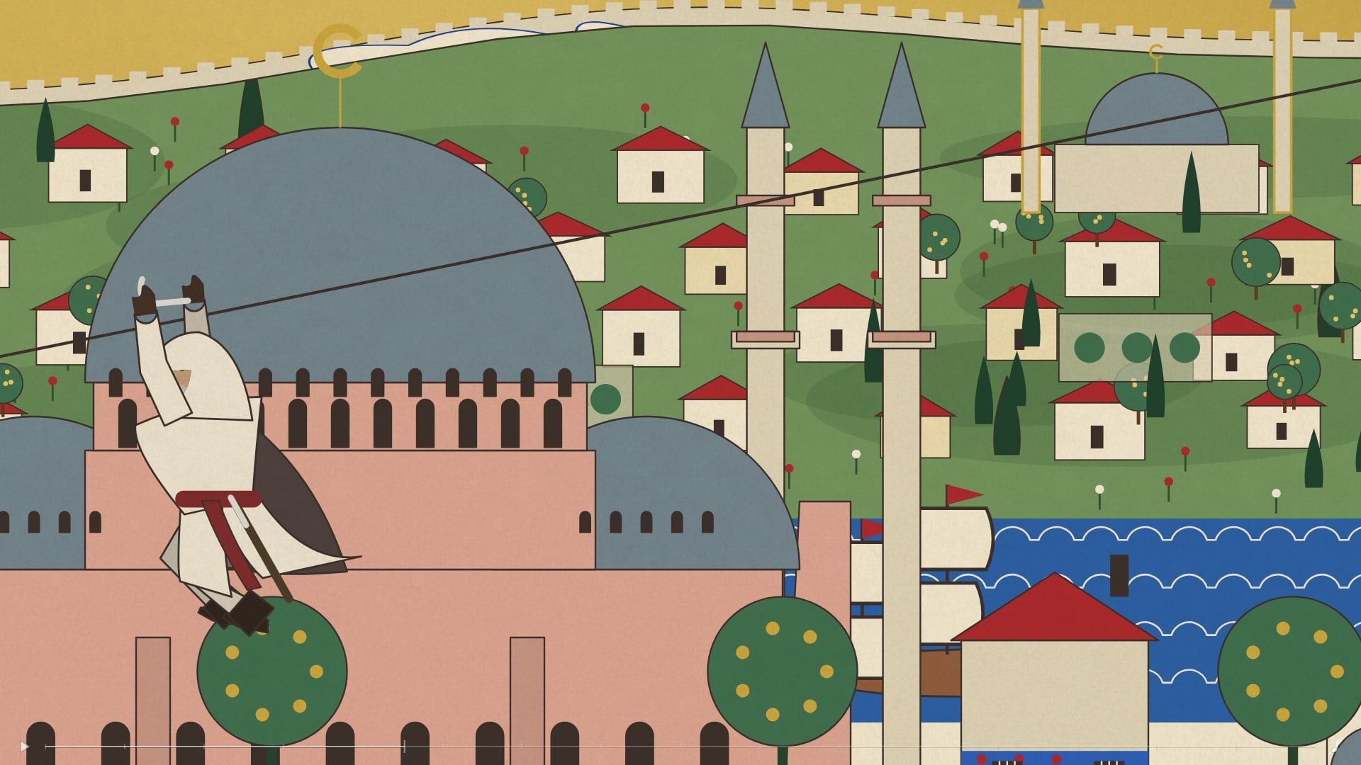 Close up: an old Ezio on a zip line above a pink domed mosque, a green hillside of red-roofed houses and cypresses, minarets and a blue sea
