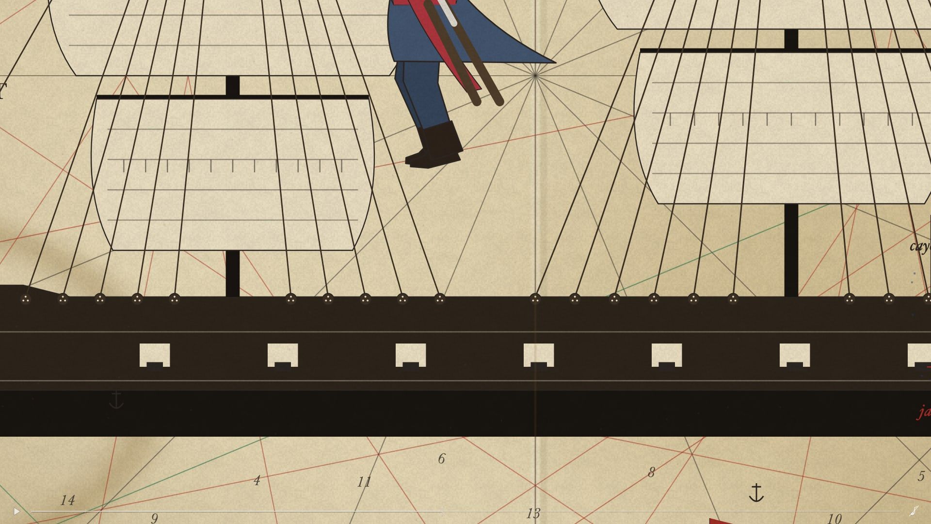 Close up: a sailor in the rigging of a black ship with white gunports, drawn over a parchment chart with rhumb lines and depth soundings