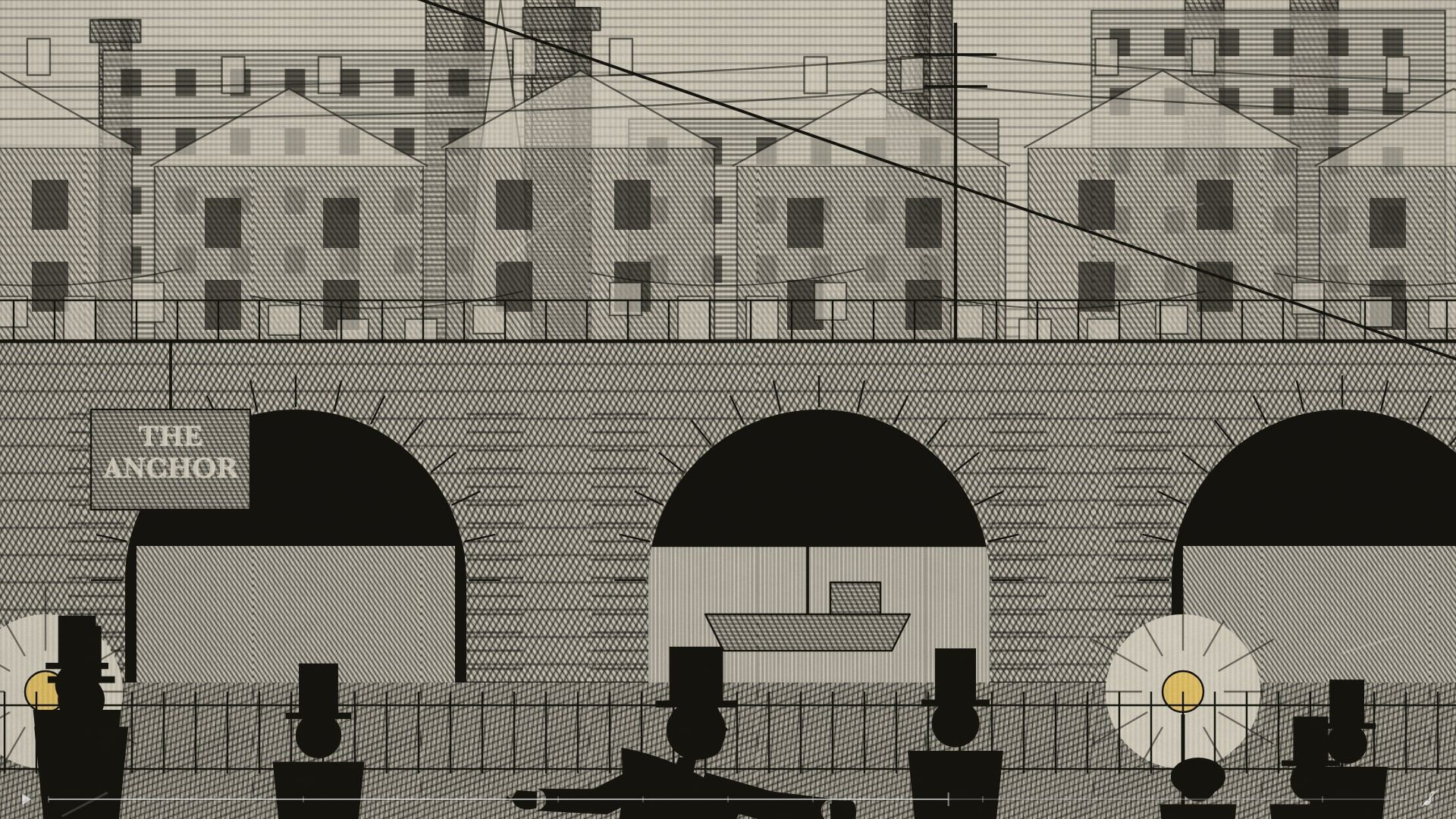 Close up: a steel-engraved viaduct of brick arches, a pub sign reading THE ANCHOR, silhouettes in top hats beneath gas lamps