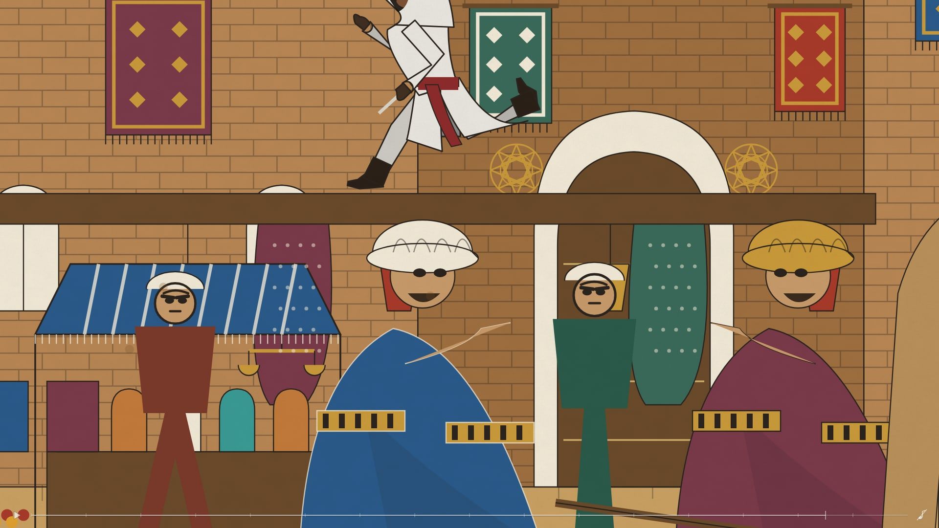 Close up: Basim running along a beam above a market, hung tapestries, an arched door, merchants in turbans under a striped awning