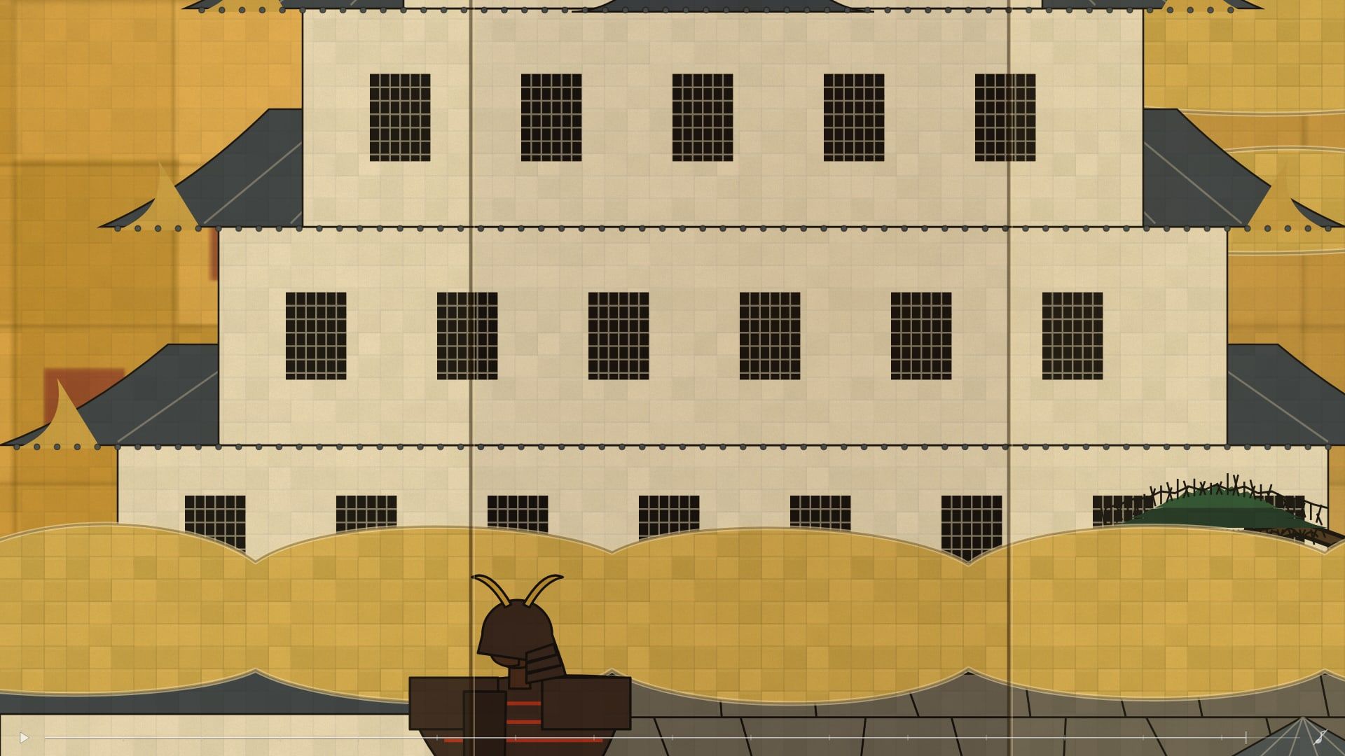 Close up: a white castle keep with rows of gridded windows and grey roofs, gold clouds around it, a samurai helmet at the gate below